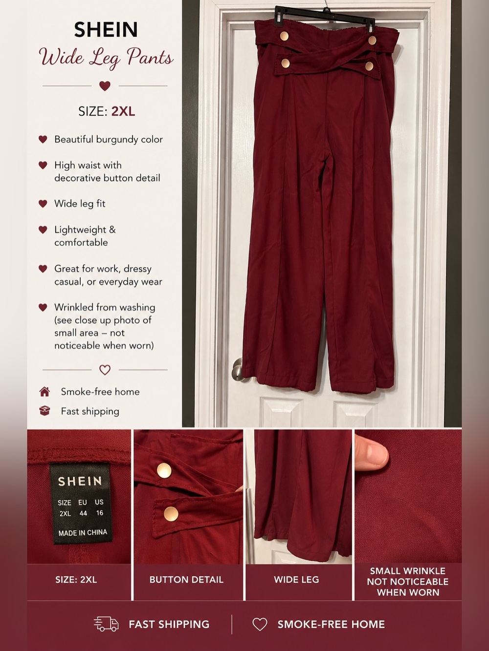 SHEIN Burgundy High-Waist Wide Leg Pants with Button Detail